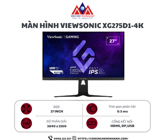Màn Hình ViewSonic XG275D1-4K (27 inch/ IPS/ 4K/ 160Hz và 320Hz/ 0.5ms/ Speaker/ USB Type C)