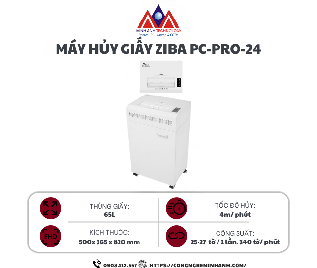 Máy hủy giấy Ziba PC-PRO-24 (Hủy vụn/ 25-27 Tờ/lần/ A3/A4)