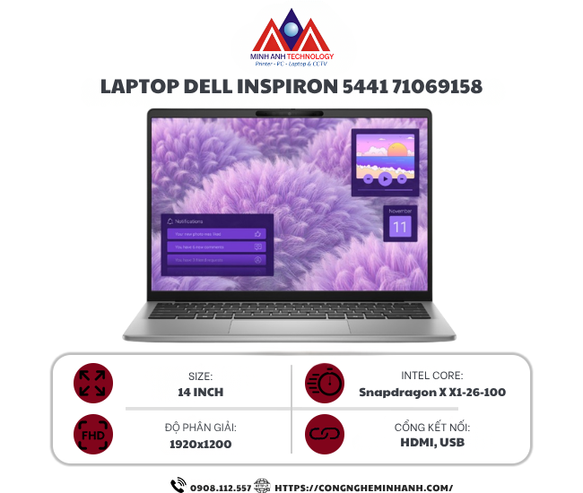 Laptop Dell Inspiron 5441 71069158 (Snapdragon X X1 26 100/ 16GB/ 512GB SSD/ 14 inch FHD+/ Win 11/ Office/ Grey/ Vỏ nhôm/ 1Y)