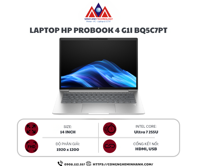 Laptop HP ProBook 4 G1i 14 BQ5C7PT (Ultra 7 255U/ 16GB/ 512GB SSD/ 14 inch WUXGA/ Win11/ Silver/ Vỏ nhôm)