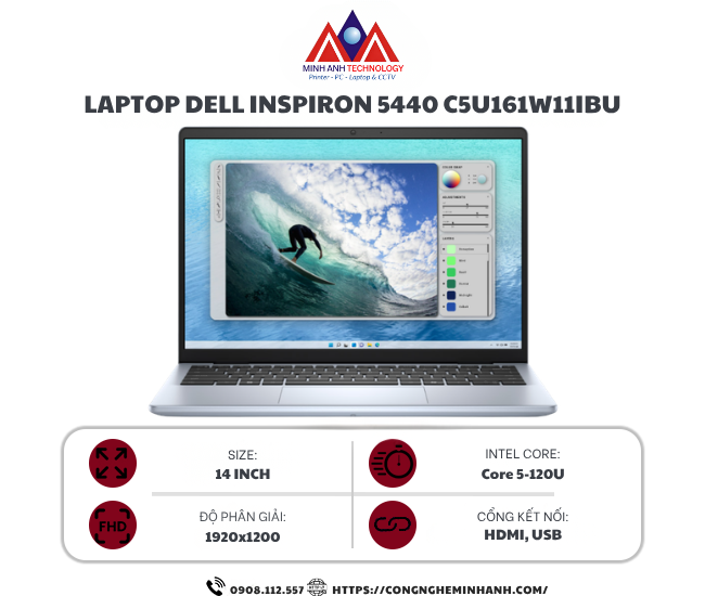 Laptop DELL Inspiron 14 5440 N5440-C5U161W11IBU (Ice Blue/ Intel Core 5 120U/ Ram 16GB/ 1TB SSD/ 14.0inch FHD+UMA/ Win 11/ Office Home 2024/ P185G001)
