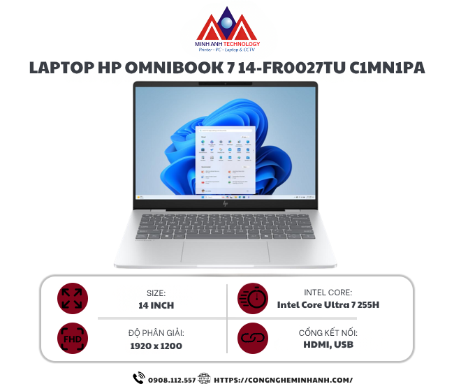 Laptop HP OmniBook 7 14-fr0027TU C1MN1PA (Ultra 7 255U/ 16GB/ 512GB SSD/ 14 inch WUXGA/ Win 11/ Office/ Bạc)