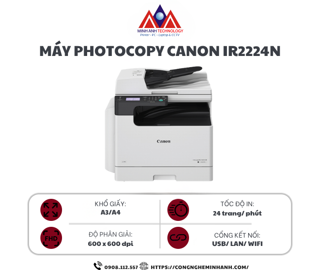 Máy photocopy Canon iR2224N (In đảo mặt| Copy| Scan| A3| A4| USB| LAN| WIFI)