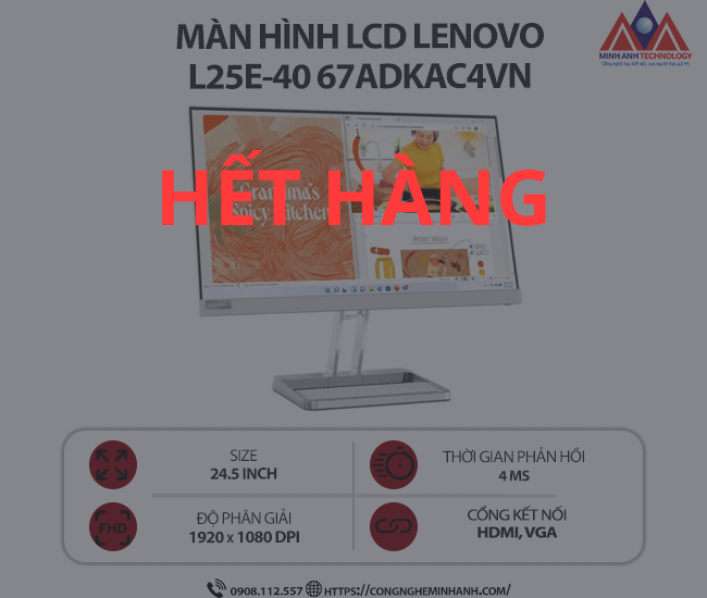 Màn hình máy tính Lenovo L25e-40 67ADKAC4VN (24.5 inch IPS/ 1920 x 1080/ 250 cd/m2/ 4ms/ 100Hz), bảo hành 24 tháng