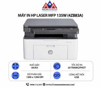 Máy in HP Laser MFP 135W (4ZB83A) – In laser trắng đen đa năng, scan, copy, kết nối mạng WiFi, in qua điện thoại