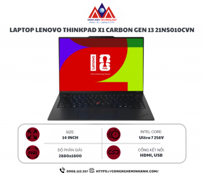 Laptop Lenovo ThinkPad X1 Carbon Gen 13 Aura Edition 21NS010CVN (Ultra 7 258V/ 32GB/ 1TB SSD/ 14 inch 2.8K/ Win 11 Pro/ Carbon/ 3Y)