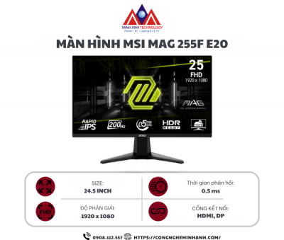 Màn Hình Gaming MSI MAG 255F E20 (24.5 inch/ IPS/ FHD/ 200Hz/ 0.5ms)