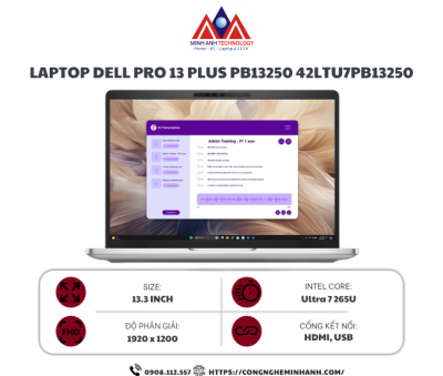 Laptop Dell Pro 13 Plus PB13250 42LTU7PB13250 (Ultra 7 265U/ 16GB/ 512GB SSD/ 13.3 inch FHD+/ Win11/ Silver/ Vỏ nhôm/ 1Y)