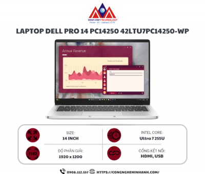 Laptop Dell Pro 14 PC14250 42LTU7PC14250-WP (Ultra 7 255U/ 16GB/ 512GB SSD/ 14 inch FHD+/ Win 11 Pro/ 2Y ProSupport + KYHD)