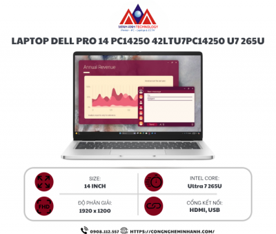 Laptop Dell Pro 14 PC14250 42LTU7PC14250 (Ultra 7 265U vPro/ 32GB/ 512GB SSD/ 14 inch FHD+/ Ubuntu/ Fingerprint/ 3Y ProSupport)