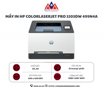 Máy in laser màu HP ColorLaserJet Pro 3203DW 499N4A (A4/A5/ Đảo mặt/ USB/ LAN/ WIFI)
