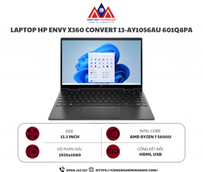 Laptop HP Envy x360 13-ay1056AU 601Q8PA (Ryzen 7 5800U/ 8GB/ 256GB SSD/ Radeon Graphics/ 13.3 inch FHD Touch/ Win 11 Home/ Stylus Pen/ Black/ 1Y)