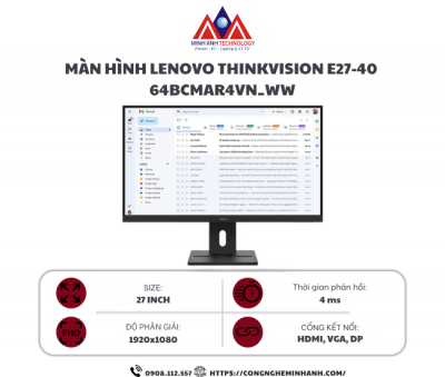 Màn hình Lenovo ThinkVision E27-40 64BCMAR4VN_WW (27Inch/ Full HD/ 4ms/ 100HZ/ 300cd/m2/ IPS/ Loa)