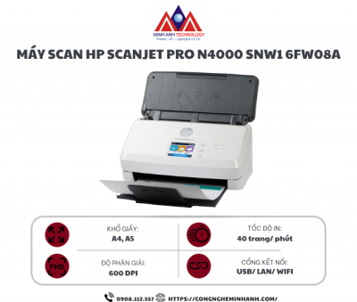 Máy Scan HP ScanJet Pro N4000 SNW1 6FW08A (A4/A5/ Đảo mặt/ ADF/ USB/ LAN/ WIFI)