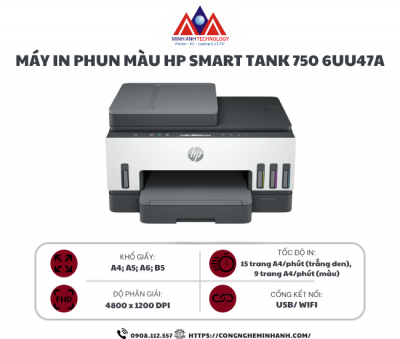 Máy in phun màu HP Smart Tank 750 6UU47A (A4/A5/ In/ Copy/ Scan/ Đảo mặt/ ADF/ USB/ WIFI)