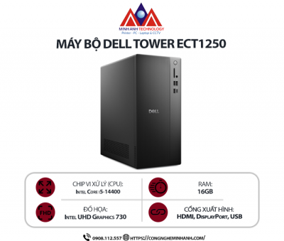 Máy bộ Dell Tower ECT1250 71092472 (I5 14400/ 16GB/ 1TB SSD/ Wifi + BT/ Key/ Mouse/ Win11/ 1Y)