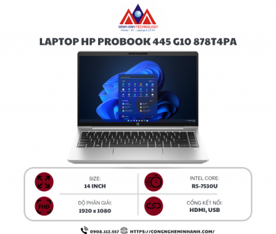 Laptop HP Probook 445 G10 878T4PA (R5 7530U/ Ram 16GB/ SSD 512GB/ Windows 11 Home/ 1Y/ Bạc)