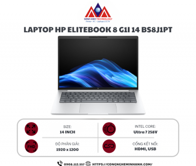 Laptop HP EliteBook 8 G1i 14 BS8J1PT (Ultra 7 258V/ 32GB/ 512GB SSD/ 14.0 inch WUXGA Touch/ Win 11 Home SL/ Silver/ Vỏ nhôm)