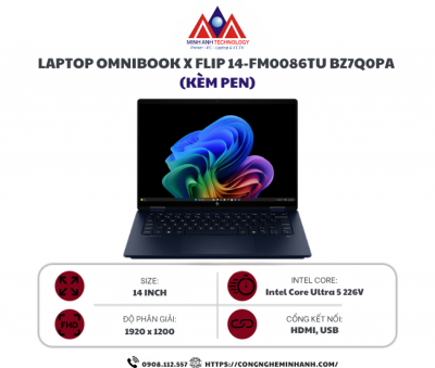 Laptop HP OmniBook X Flip 14-fm0086TU BZ7Q0PA (Kèm Pen) (Ultra 5 226V/ 16GB/ 1TB SSD/ 14 inch WUXGA Touch/ Win 11/ Office/ Blue/ Pen)