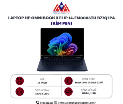 Laptop HP OmniBook X Flip 14-fm0088TU BZ7Q2PA (Kèm Pen) (Ultra 5 226V/ 16GB/ 512GB SSD/ 14 inch WUXGA Touch/ Win 11/ Office/ Blue/ Pen)