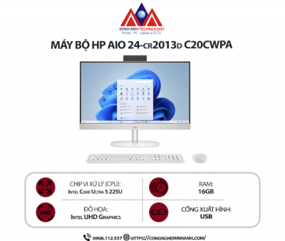 Máy bộ HP All-in-One Desktop AI 24-cr2013d C20CWPA (Intel Core Ultra 5 225U/ 16GB/ 512GB/ Intel UHD/ 23.8 inch FHD IPS/ Win 11/ Trắng)