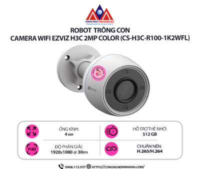 Camera Wifi EZVIZ H3C 2MP COLOR (CS-H3C-R100-1K2WFL) – Chống nước IP67, Quan sát ban đêm có màu, Báo động thông minh