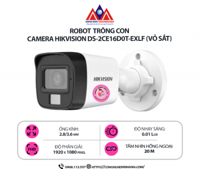 Camera Hikvision DS-2CE16D0T-EXLF (Vỏ sắt) - Full HD 1080P, Hồng ngoại 40m, Chống nước IP66