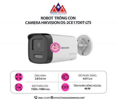 Camera Hikvision DS-2CE17D0T-LTS - Camera ngoài trời, Độ phân giải 2MP, Hồng ngoại 20m, Chống nước IP67
