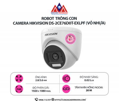 Camera Hikvision DS-2CE76D0T-EXLPF (Vỏ nhựa) - Camera an ninh trong nhà, Độ phân giải 2MP, Quan sát ban đêm