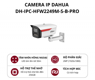 Camera IP thân cố định Dahua 2.0MP WizColor có mic DH-IPC-HFW2249M-S-B-PRO