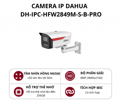 Camera IP thân cố định Dahua 8.0MP WizColor có mic DH-IPC-HFW2849M-S-B-PRO