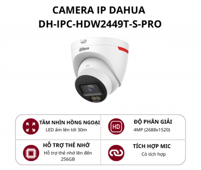 Camera Dome cố định Dahua 4.0MP WizColor có mic DH-IPC-HDW2449T-S-PRO
