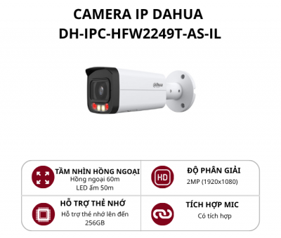 Camera IP thân Full Color ánh sáng kép thông minh Dahua 2MP DH-IPC-HFW2249T-AS-IL