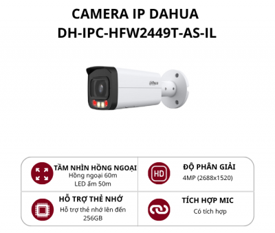 Camera IP thân Full Color ánh sáng kép thông minh Dahua 4MP DH-IPC-HFW2449T-AS-IL