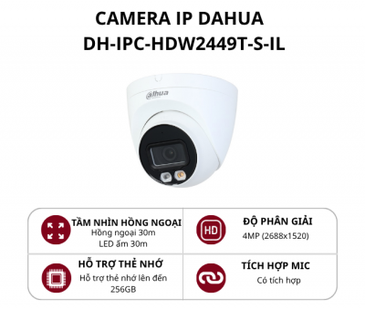 Camera IP Dome Full Color ánh sáng kép thông minh Dahua 4MP DH-IPC-HDW2449T-S-IL