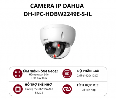 Camera IP Dome bán cầu Full Color ánh sáng kép thông minh Dahua 2MP DH-IPC-HDBW2249E-S-IL