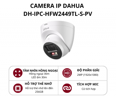 Camera IP Dome 2MP Báo động chủ động Dahua DH-IPC-HDW2249T-S-PV