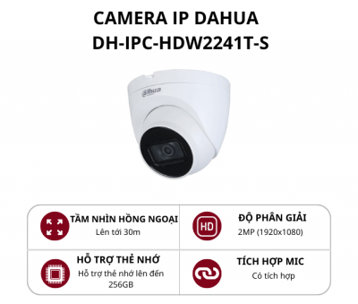 Camera IP Bán cầu hồng ngoại 2.0MP Dahua WizSense 2 DH-IPC-HDW2241T-S