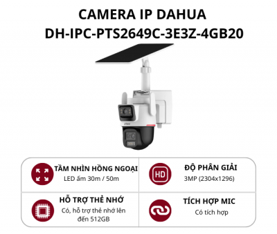 Camera 4G tích hợp tấm pin năng lượng mặt trời 3MP Dahua DH-IPC-PTS2649C-3E3Z-4GB20