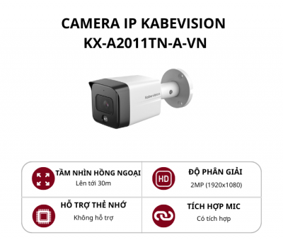 Camera IP thân kim loại cố định ngoài trời KBVision 2.0MP có mic KX-A2011TN-A-VN
