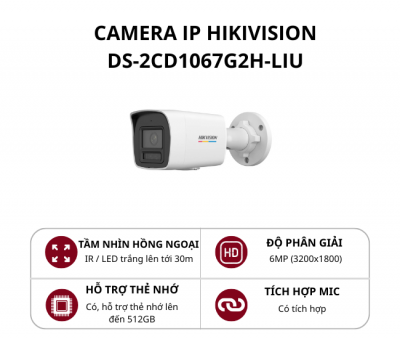 Camera thân trụ ngoài trời Hikvision 6MP ColorVu DS-2CD1067G2H-LIU