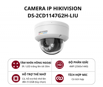 Camera bán cầu trong nhà Hikvision 4MP ColorVu DS-2CD1147G2H-LIU