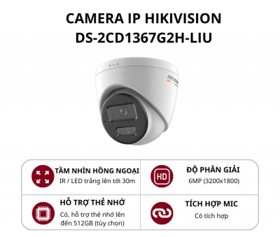 Camera bán cầu vát trong nhà Hikvision 6MP ColorVu DS-2CD1367G2H-LIU