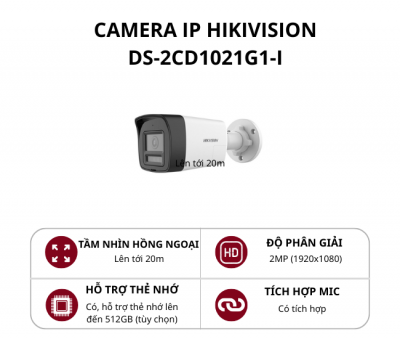 Camera IP hình trụ nhỏ Hikvision 2MP H.265+ DS-2CD1021G1-I