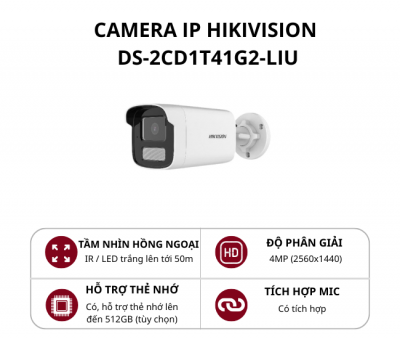 Camera IP hình trụ lớn Hikvision 4MP Smart Hybrid Light DS-2CD1T41G2-LIU