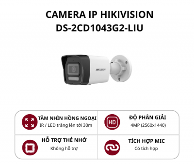 Camera IP hình trụ Hikvision 4MP Smart Hybrid Light DS-2CD1043G2-LIU
