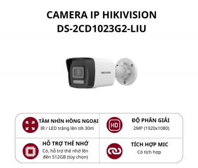 Camera IP hình trụ Hikvision 2MP Smart Hybrid Light DS-2CD1023G2-LIU