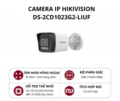 Camera IP hình trụ Hikvision 2MP Smart Hybrid Light DS-2CD1023G2-LIUF