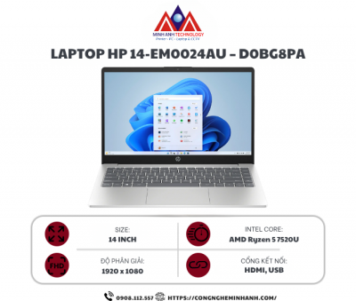 Laptop HP 14-em0024AU – D0BG8PA (Ryzen 5 7520U/ 16GB/ 512GB/ Radeon 610M Graphics/ 14″ FHD/ Win 11 Home SL)