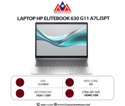 Laptop HP EliteBook 630 G11 A7LJ5PT (Ultra 5 125U/ Ram 16GB/ SSD 512GB/ Windows 11 Home/ 1Y/ Bạc)